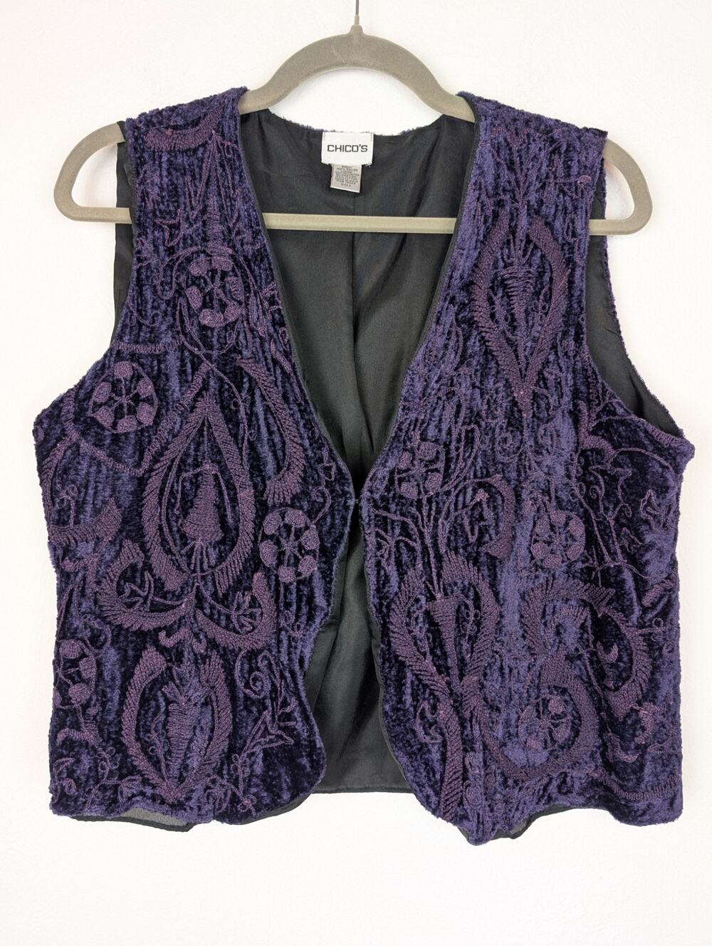 Chico's Vest Jacket Velvet Floral Embroidery 90s Fairy Grunge Purple Size L